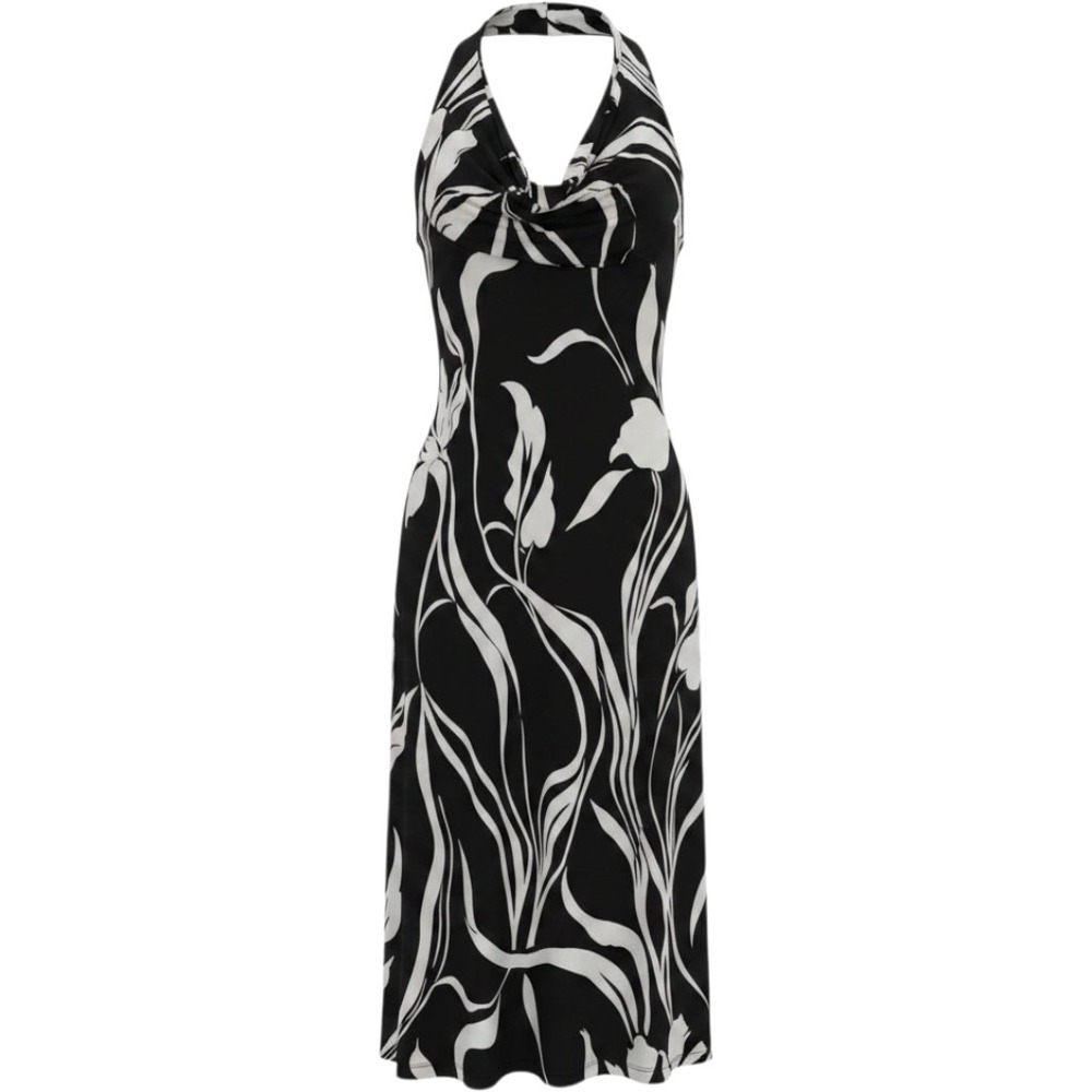 Georgiou Studio Black White Floral Halter Midi Dress L Cowl Neck VTG Retro Y2K